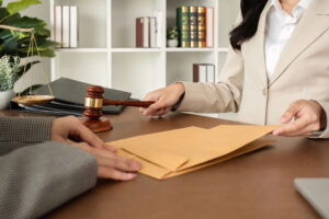 A woman hands a man documents in a yellow legal envelope